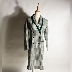 VINTAGE Dark Green White Check Plaid Longline Blazer Jacket 4 petite